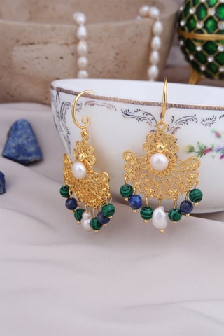 Orecchini - Laminato oro giallo, malachiti, lapislazzuli e perle coltivate