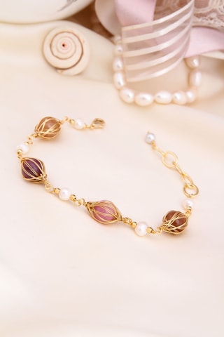 Bracciale - Placcato oro giallo, agate e perle coltivate