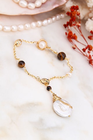 Bracciale - Placcato oro giallo, perle coltivate e occhi di tigre