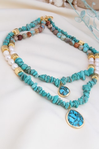 Collana - Placcato oro giallo, turchesi e perle coltivate