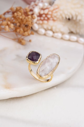 Anello - Placcato oro giallo, labradorite e pietra di luna