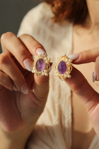 Orecchini - Laminato oro giallo, ametiste e perle coltivate