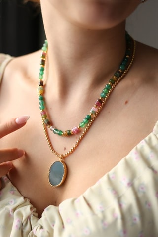 Collana doppio giro - Laminato oro giallo, quarzo e perle coltivate