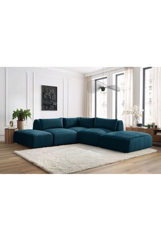 Canapé d'angle modulable et 2 poufs Jeanne - Bleu foncé - 5 places - En tissu velours