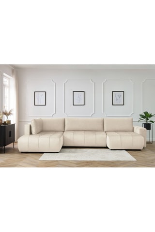Canapé d'angle droit panoramique convertible Arsene - Beige - Couchage 135 x 325 cm