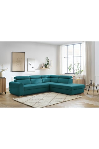 Canapé d'angle droit convertible Armand - Bleu canard - 5 places - En tissu déperlant