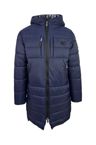 Doudoune longue à capuche - Noir, bleu et gris