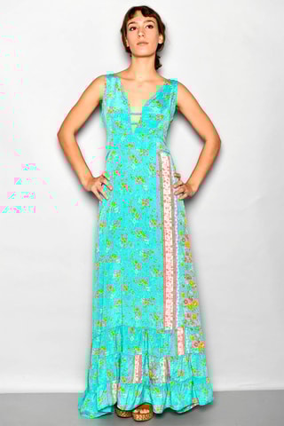 Vestido comprido Turquesa - Branco, azul, verde, laranja e rosa