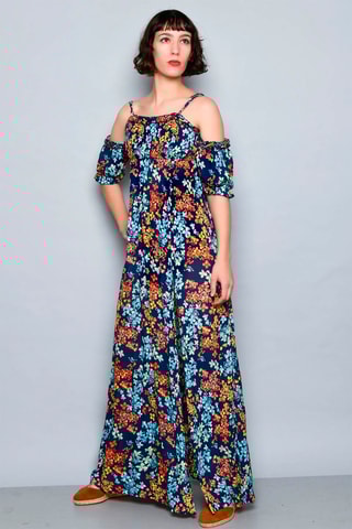 Vestido comprido Azul-marinho - Azul, amarelo e laranja