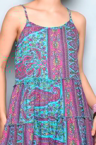 Vestido trapézio Turquesa e rosa - Azul, amarelo, violeta e rosa