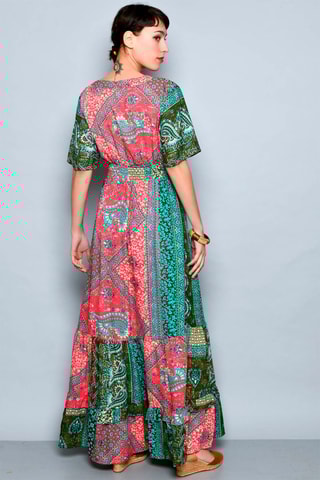 Vestido comprido Verde-escuro e vermelho - Branco, vermelho, azul e verde