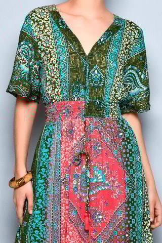 Vestido comprido Verde-escuro e vermelho - Branco, vermelho, azul e verde