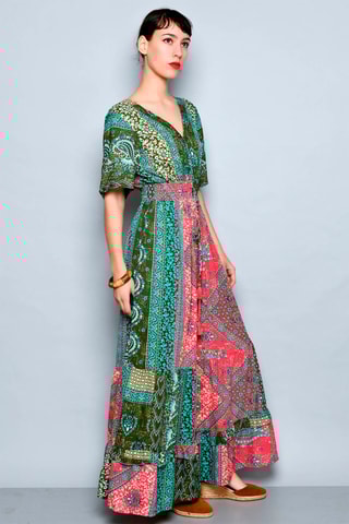 Vestido comprido Verde-escuro e vermelho - Branco, vermelho, azul e verde