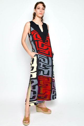 Vestido comprido - Preto e vermelho - Preto, bege, vermelho e cinzento