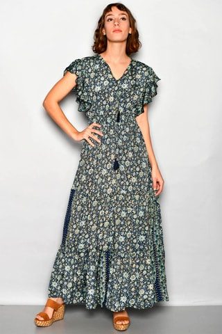 Vestido comprido Azul-pato - Branco, azul e amarelo