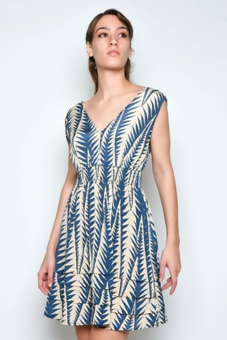 Vestido com folhos - Azul - Bege e azul