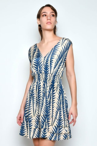 Vestido com folhos - Azul - Bege e azul