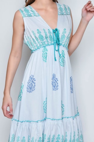 Vestido com folhos sem mangas - Branco - Branco e azul