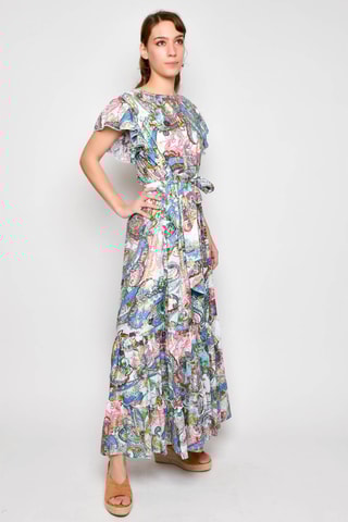 Vestido comprido - Azul e rosa - Azul, verde e rosa