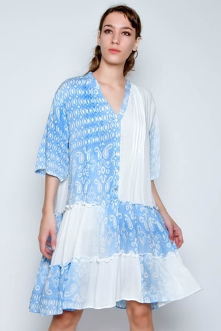 Vestido com folhos - Azul - Branco e azul