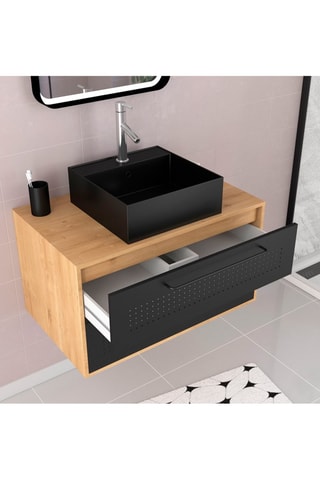 Conjunto de mueble de cuarto de baño suspendido con 2 cajones, lavabo, columna y espejo LED - Negro e imitación roble