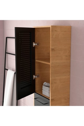 Conjunto de mueble de cuarto de baño suspendido con 2 cajones, lavabo, columna y espejo LED - Negro e imitación roble