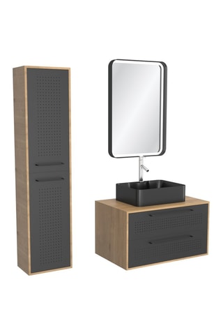 Mueble de cuarto de baño con 4 cajones, columna de 2 puertas, lavabo y espejo con LED - Imitación roble natural y negro