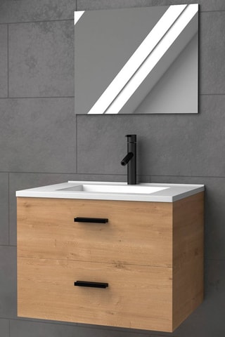 Mueble de cuarto de baño con 2 cajones, lavabo y espejo - Imitación madera y blanco