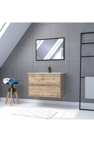 Mueble de cuarto de baño con 2 cajones, lavabo y espejo - Imitación madera