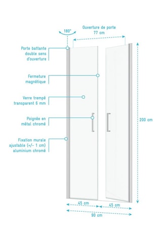 Mampara puerta de ducha doble Flappy - Cromado - 90 x 200 cm