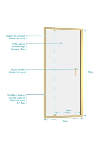 Puerta de ducha corredera - Dorado - 90 x 200 cm