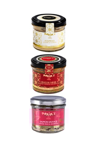 Tartinable Saumon sauvage au chèvre frais & aromates - 80 g, Houmous sésame et citron - 90 g et Délice de chèvre aux tomates séchées - 90 g