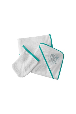 Sortie de bain et gant Bloom Day - Blanc et turquoise - 75 x 75 cm