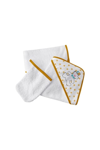 Sortie de bain et gant de toilette Circus Lulu - Moutarde et blanc - 75 x 75 cm