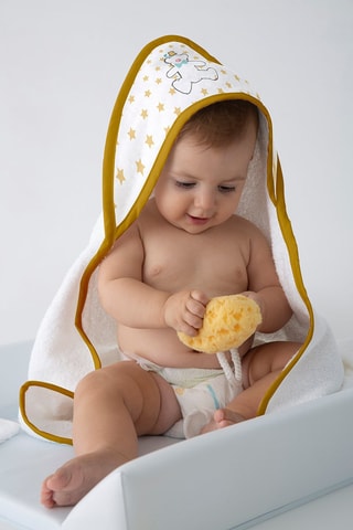 Sortie de bain et gant de toilette Circus Lulu - Moutarde et blanc - 75 x 75 cm