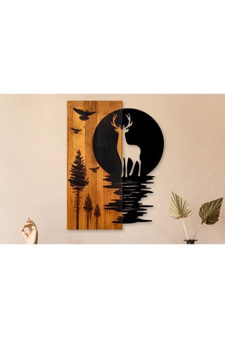 Décoration murale Cerf et forêt - 43 x 58 x 3 cm - Naturel et noir
