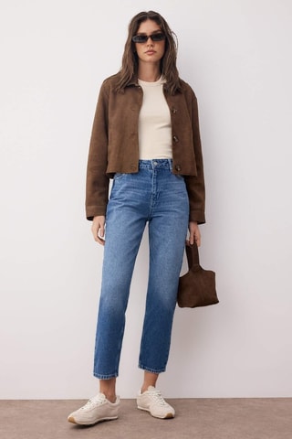 Jean mom taille haute - Blanc et bleu