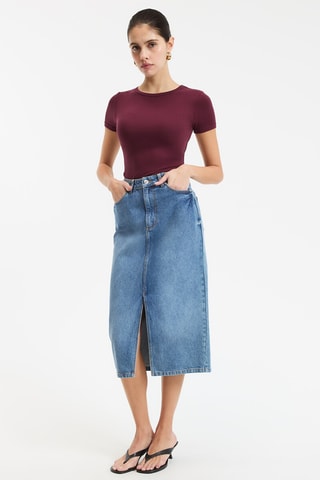 Gonna taglio dritto in jeans e cotone bio a vita alta - Cobalto