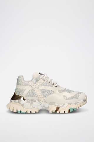 Sneakers plateformes en cuir - Blanc, vert, motifs et doré