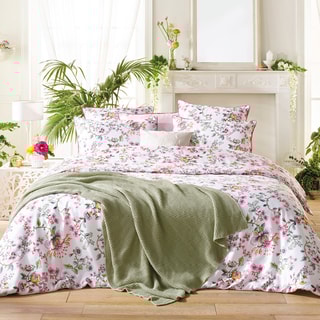 2 taies d'oreiller en satin de coton 200 fils/cm² Jardin Secret - Blanc et rose