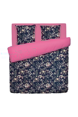 Parure de couette en satin de coton 80 fils/cm² Jardin secret - Bleu foncé et rose