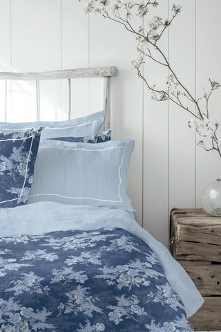 Drap plat réversible en satin de coton 80 fils/cm² Lignes Naturelles - Blanc et bleu