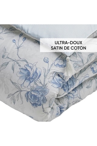 Édredon en satin de coton Fleurs azurées - Blanc