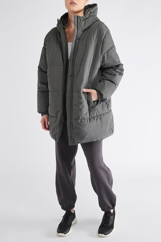 Lange gewatteerde jas met capuchon - Kaki