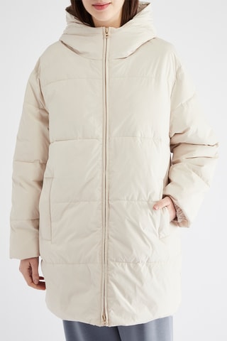Lange gewatteerde jas met capuchon - Ecru