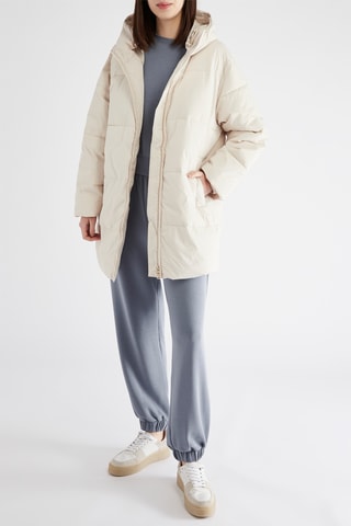 Lange gewatteerde jas met capuchon - Ecru