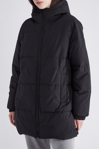 Lange gewatteerde jas met capuchon - Zwart