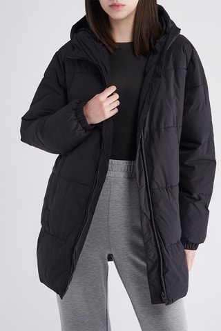 Lange gewatteerde jas met capuchon - Zwart
