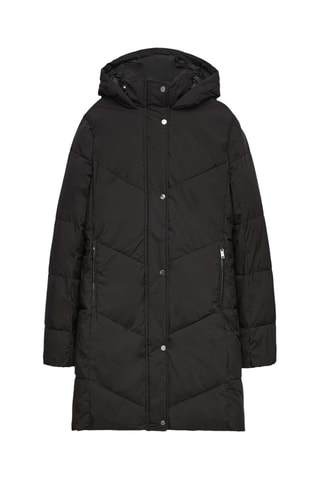 Lange gewatteerde jas met capuchon - Zwart
