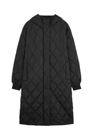 Lange gewatteerde jas met capuchon - Zwart